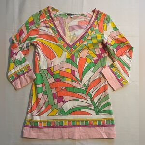 Barbara Gerwit Women's Multi Color V Neck 3/4 Sleeve Blouse Small